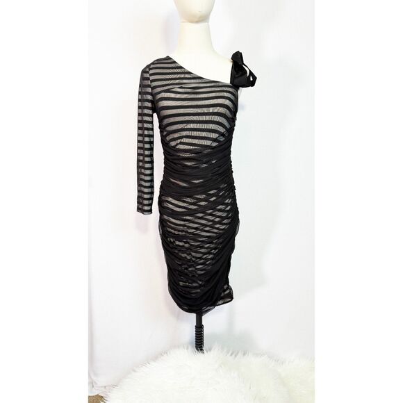 BCBG Max Azria | Black White Striped | One Sleeve Bodycon | Sz S - Picture 3 of 12